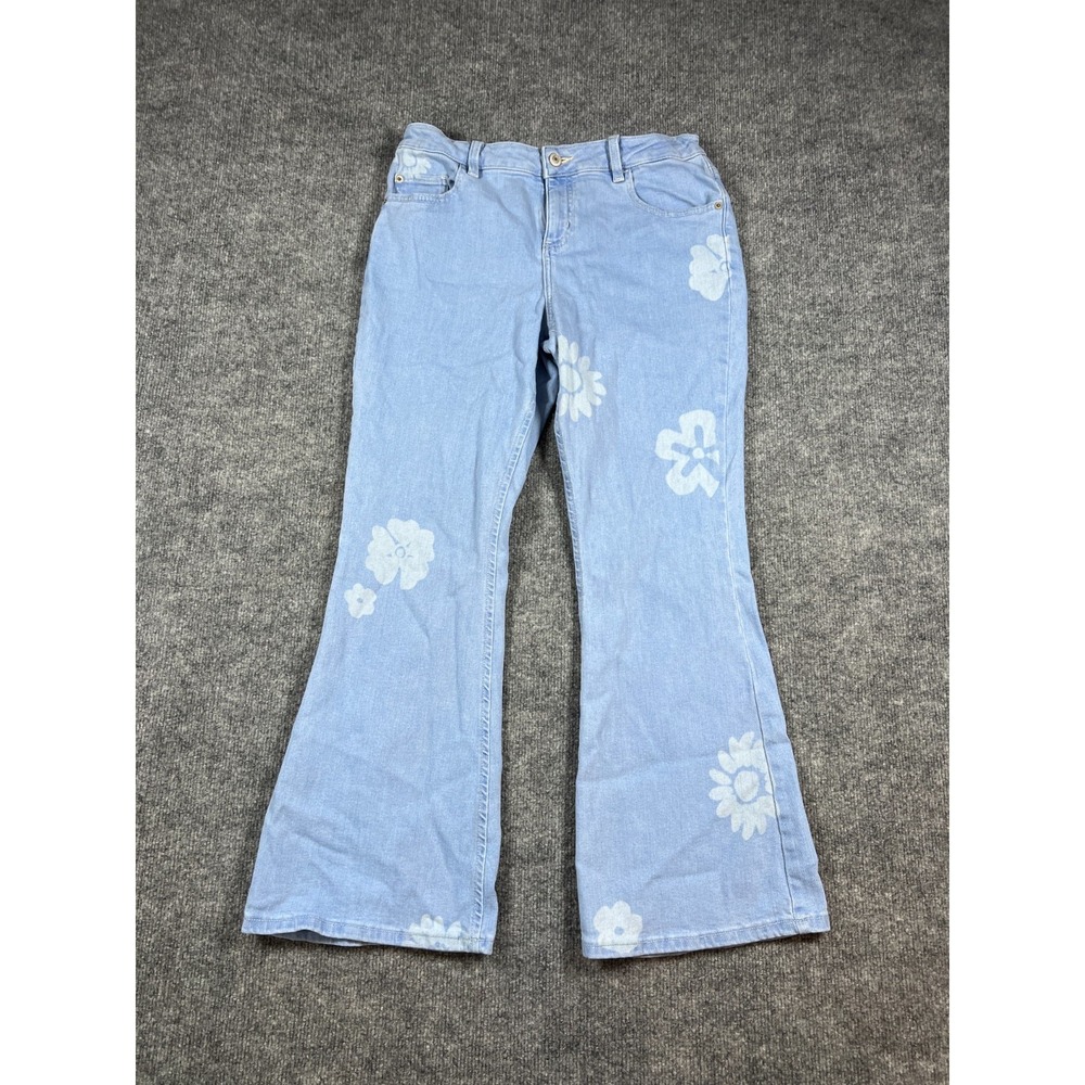 Thereabouts Jeans Women 18.5 Blue Denim Floral Cotton Stretch Mid Rise Flare Leg
